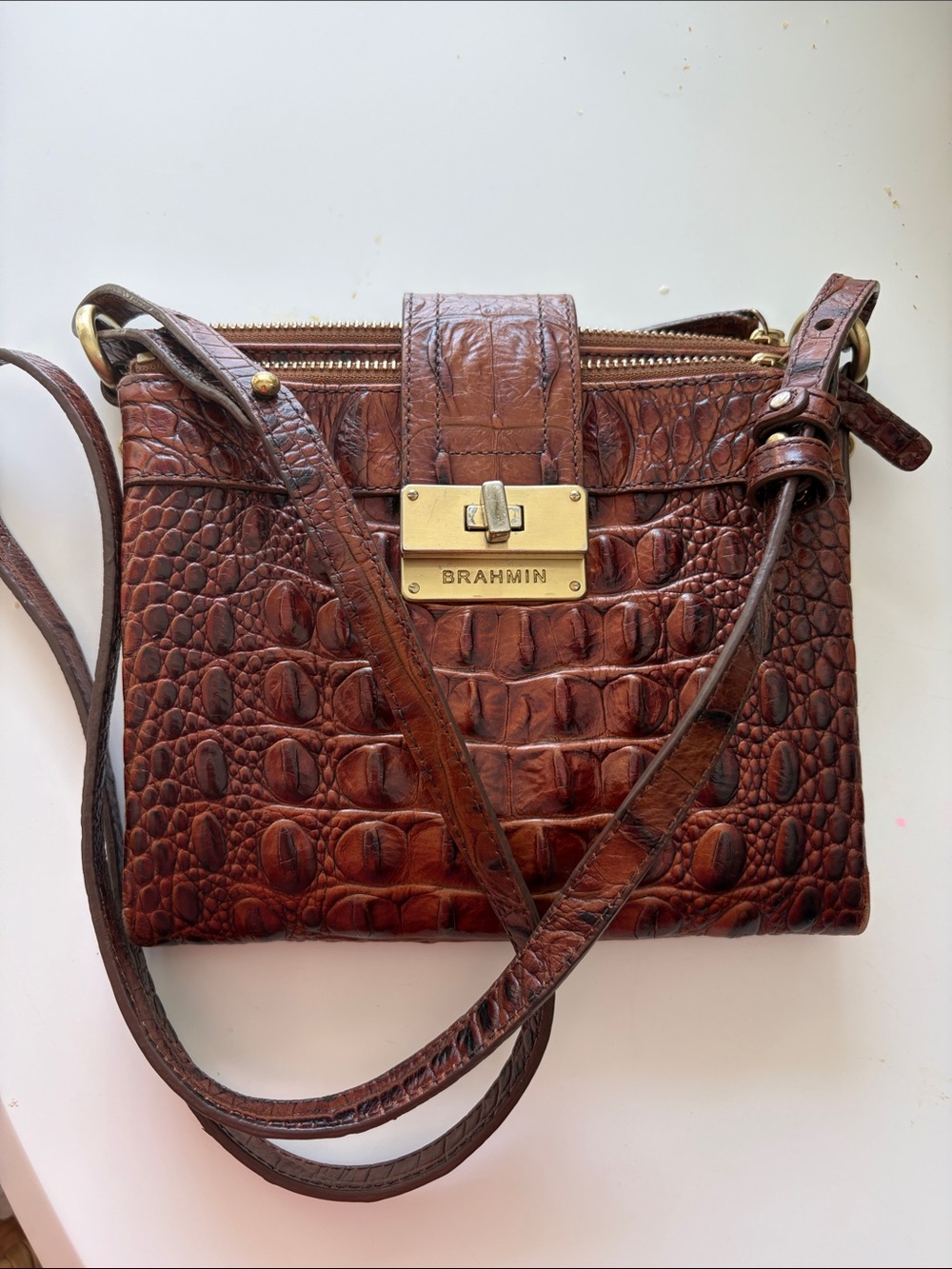 Brahmin Chestnut Croc-Embossed Leather Crossbody with Gold Hardware